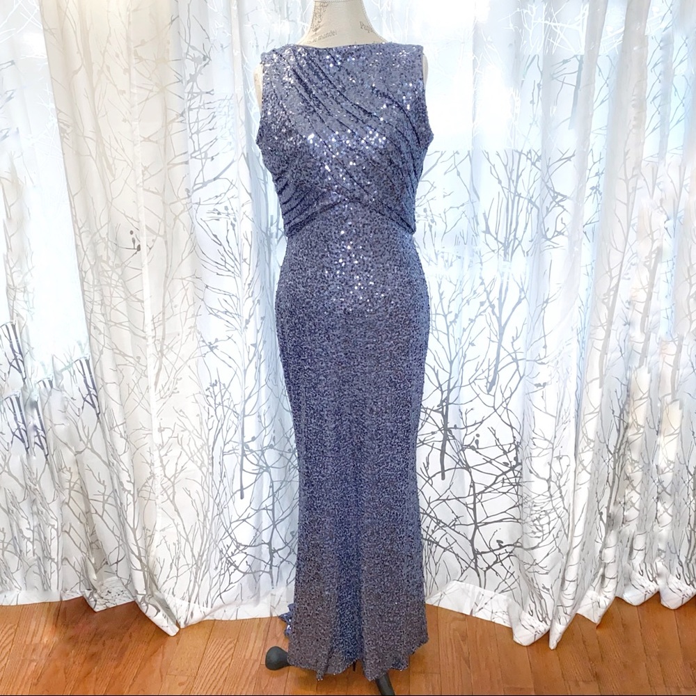 Badgley Mischka blue sequin sleeveless high neck low V open back long gown dress - Picture 4 of 16